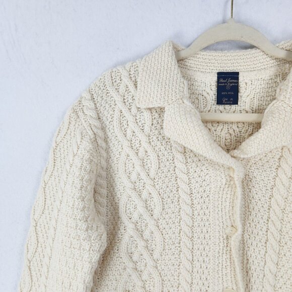 Paul James Sweater Women Medium Cream Wool Cable Knit Fisherman Cardigan England - Picture 2 of 9